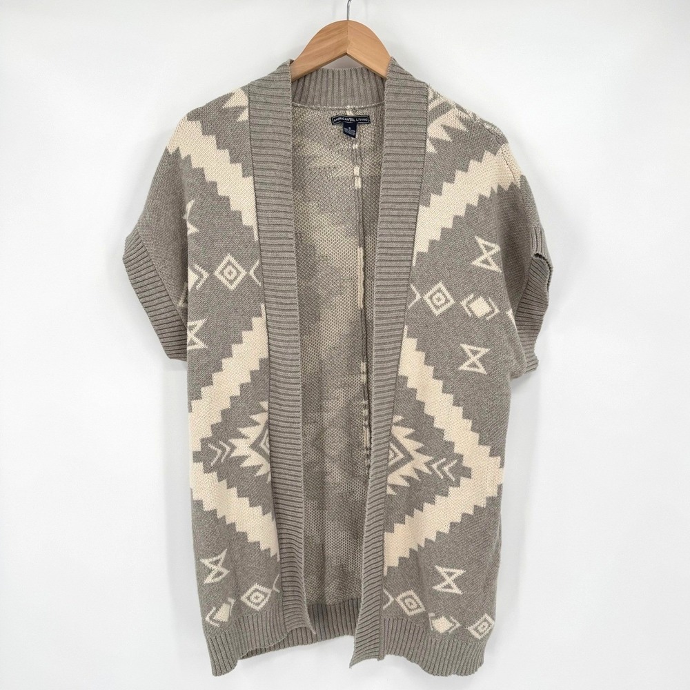 American Living Grey/White Aztec Print Dolman Sleeve Cardigan Sweater Women's S‎